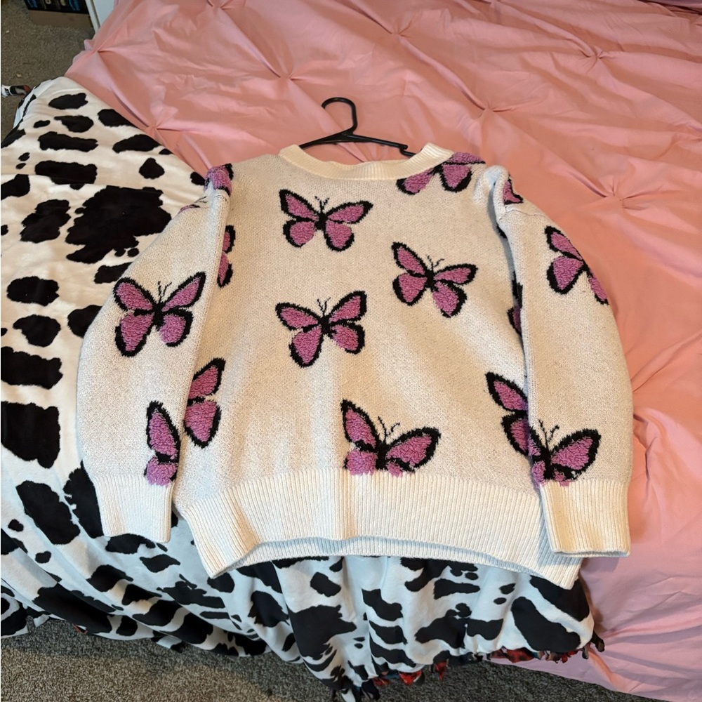 Butterfly Patterned Sweater - Pink and White